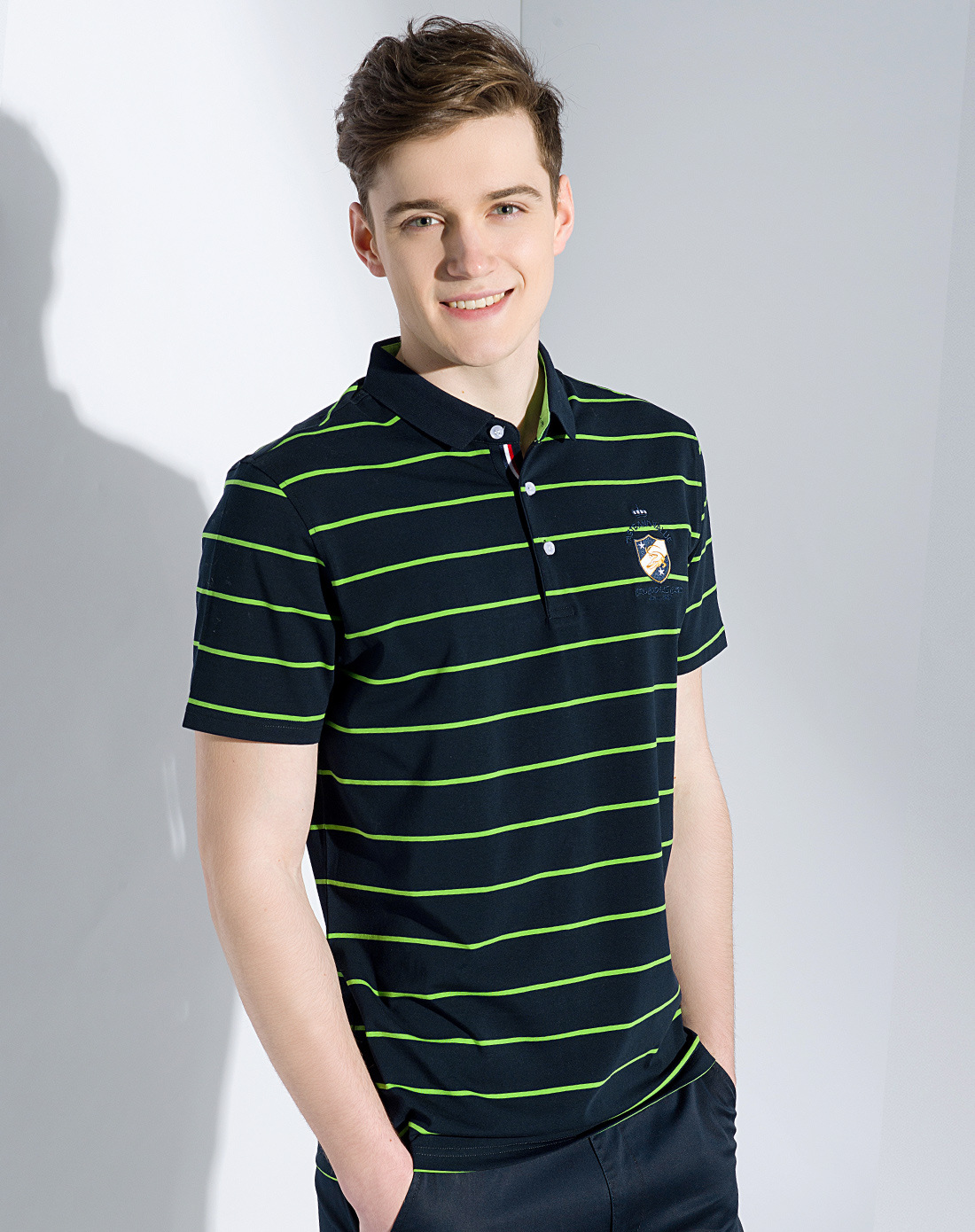 鳄鱼恤品牌男装2017棉质男式t恤方领条纹短袖t恤男8261308