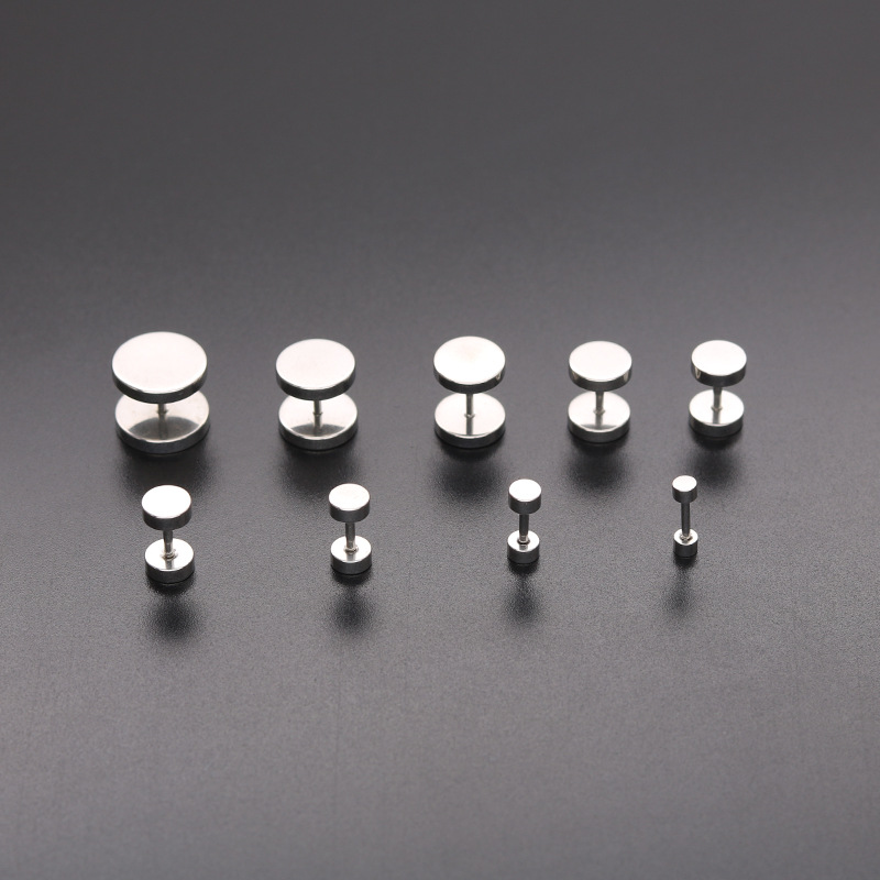 Factory Direct Fashion Titanium Steel Barbell Stud Earrings Men Women Stainless Steel round Cake Dumbbell Earrings Earring Accessories Most