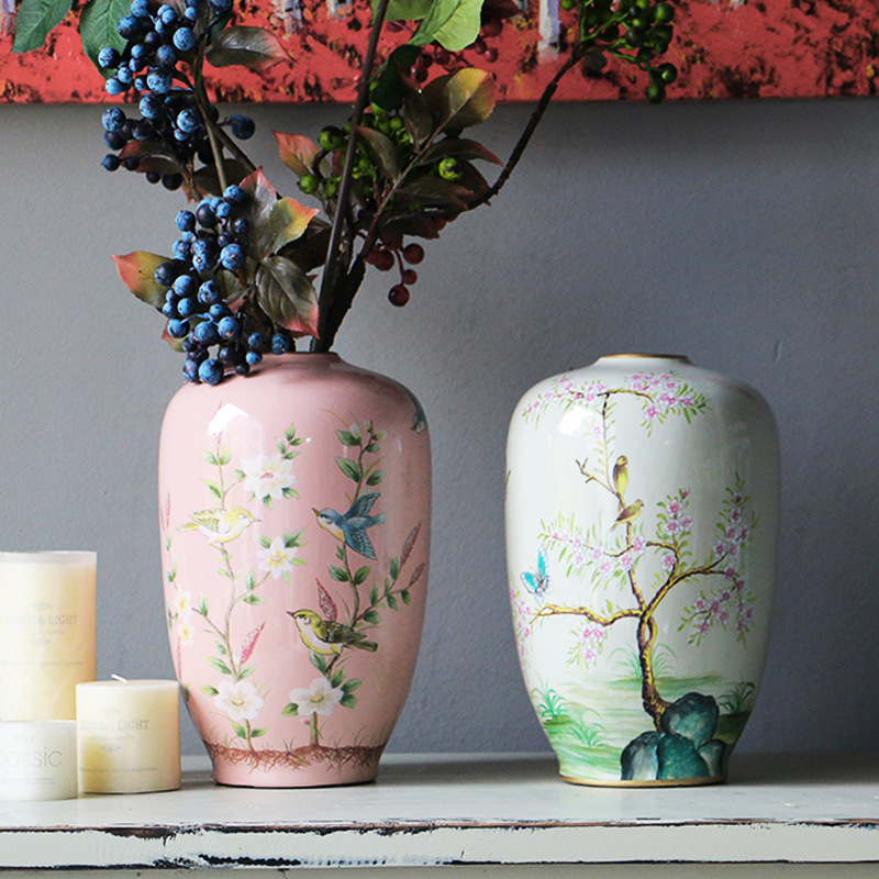 景德镇陶瓷花瓶花鸟彩绘小口 新中式家居装饰品桌面摆件