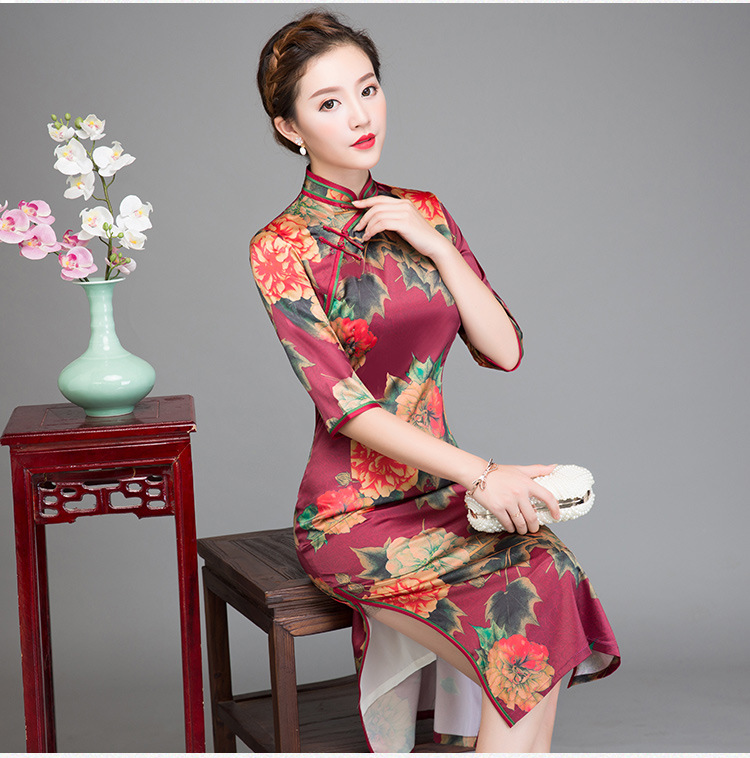 现货批发春秋新款中国风长款丝绸旗袍 日常改良古典优雅丝绸旗袍