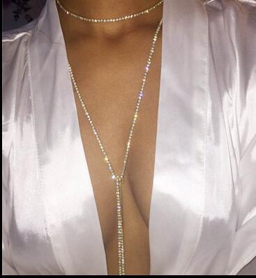 European and American Famous Metal Tassel Rhinestone Necklace Exaggerated Diamond Claw Chain Long Necklace Sexy Body Chains Chest Necklace