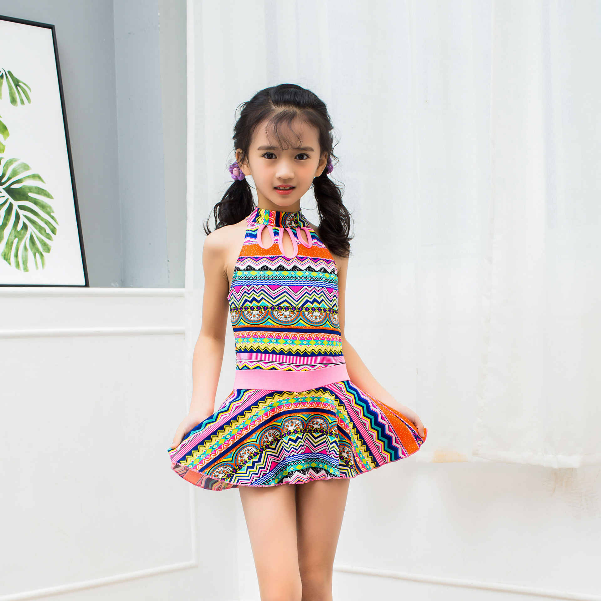 2017新款女童宝宝民族风儿童连体泳衣 中童裙式温泉游泳衣 银1858