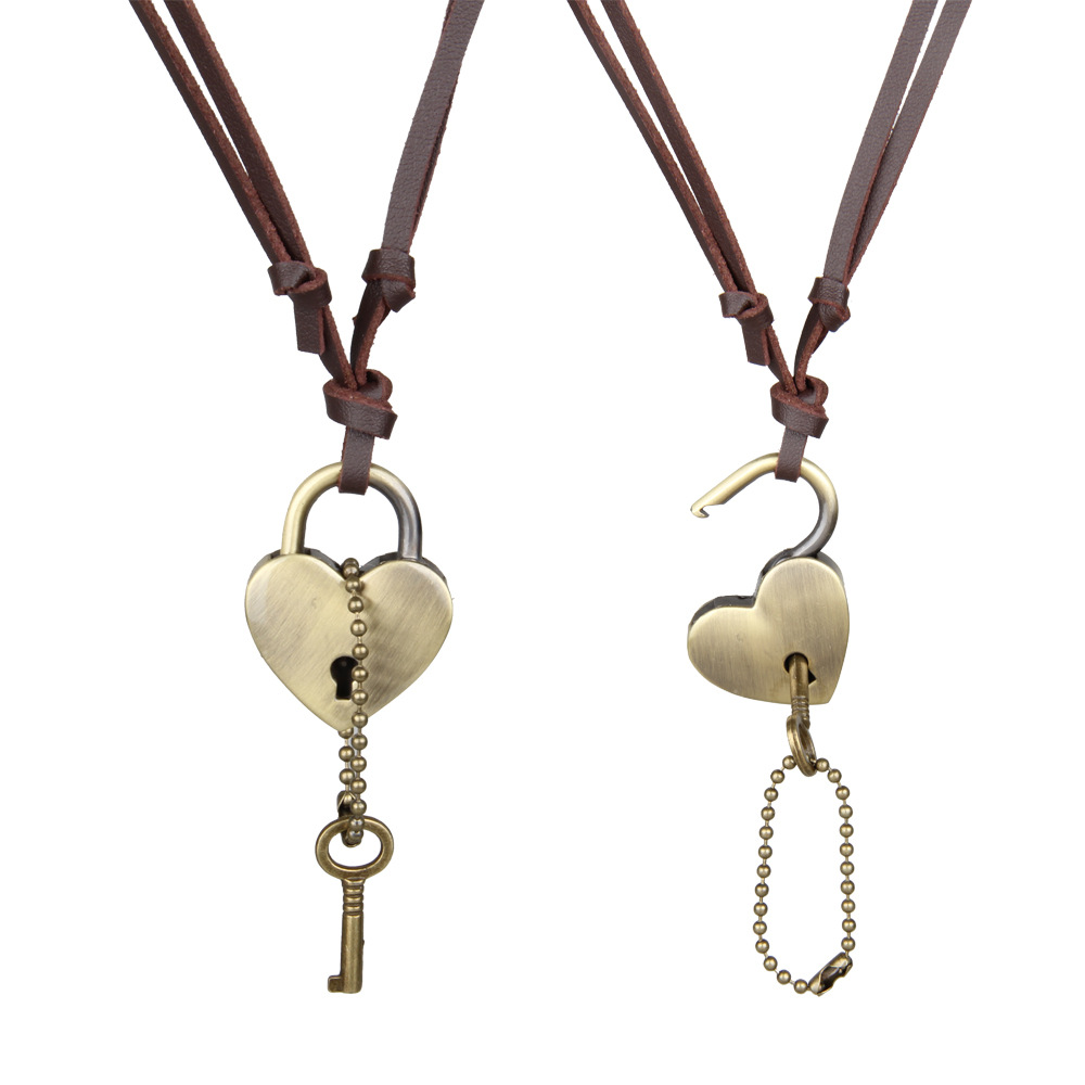 欧美复古铜色心形锁皮绳项链新款创意开心锁情侣款长款项链