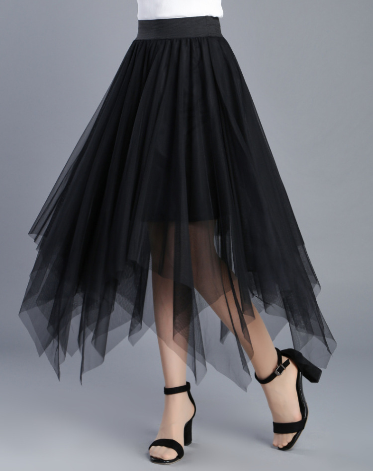不规则纱裙半身裙夏女新款春中长款高腰裙百褶网纱裙子女式