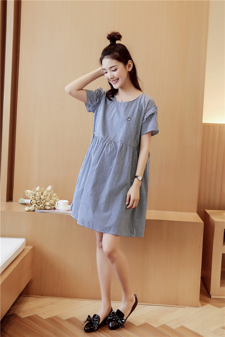 孕妇装2017新款夏季宽松大码短袖纯棉格子孕妇裙夏装孕妇连衣裙