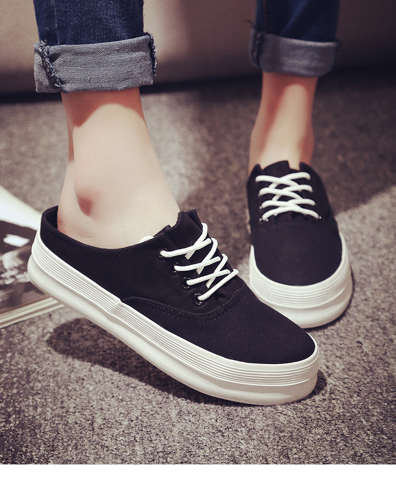 春季拖鞋韩版潮学生系带半托厚底帆布鞋夏女白搭小白鞋