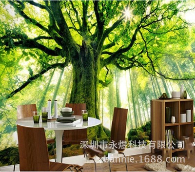 唯美梦幻清新绿色大树森林阳光照射树背景墙壁纸 客厅卧室壁画