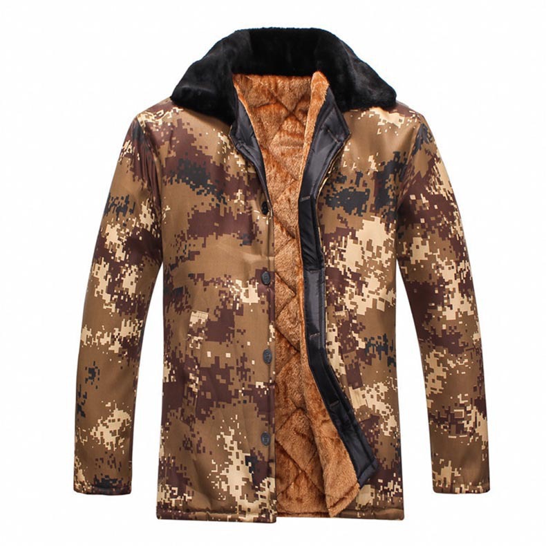 地摊货源男士加厚加绒迷彩军大衣棉服批发 保安作训保暖防寒棉衣