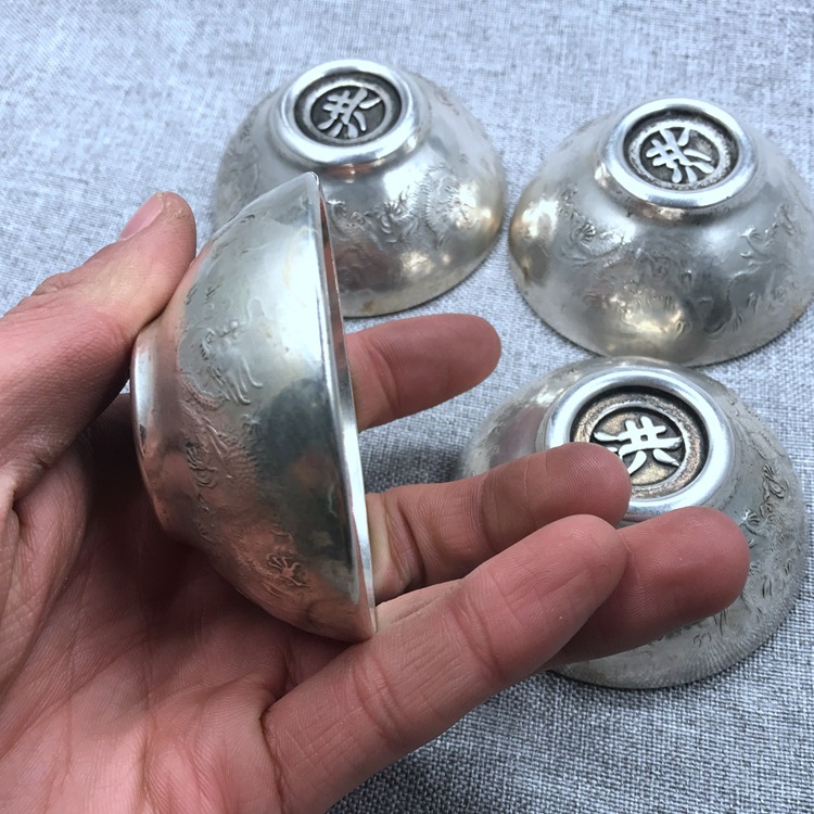 仿古银器铜器镀银银碗银杯福 禄寿 喜洪字底中号镀银杯四个一套
