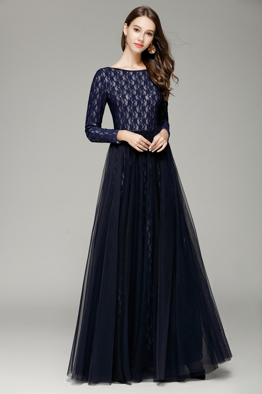 ck462冬季新品蕾丝晚装典雅坠地长款时尚气质礼服晚礼服女长袖女