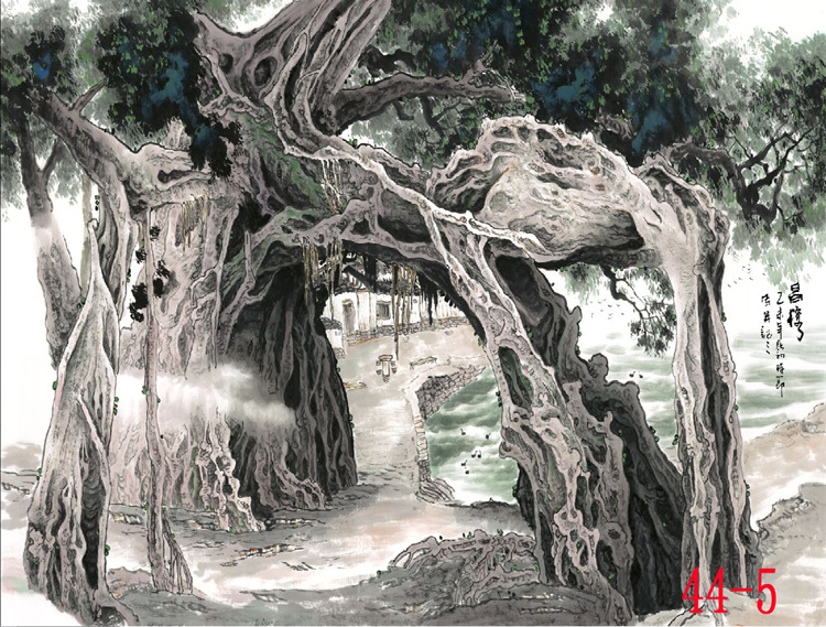 445国画字画山水画画家张艺大榕树风景装饰画高仿真画芯批发