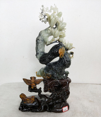 岫玉摆件 玉石摆件 天然岫玉花玉雕件 俏色玉兰花一体雕刻