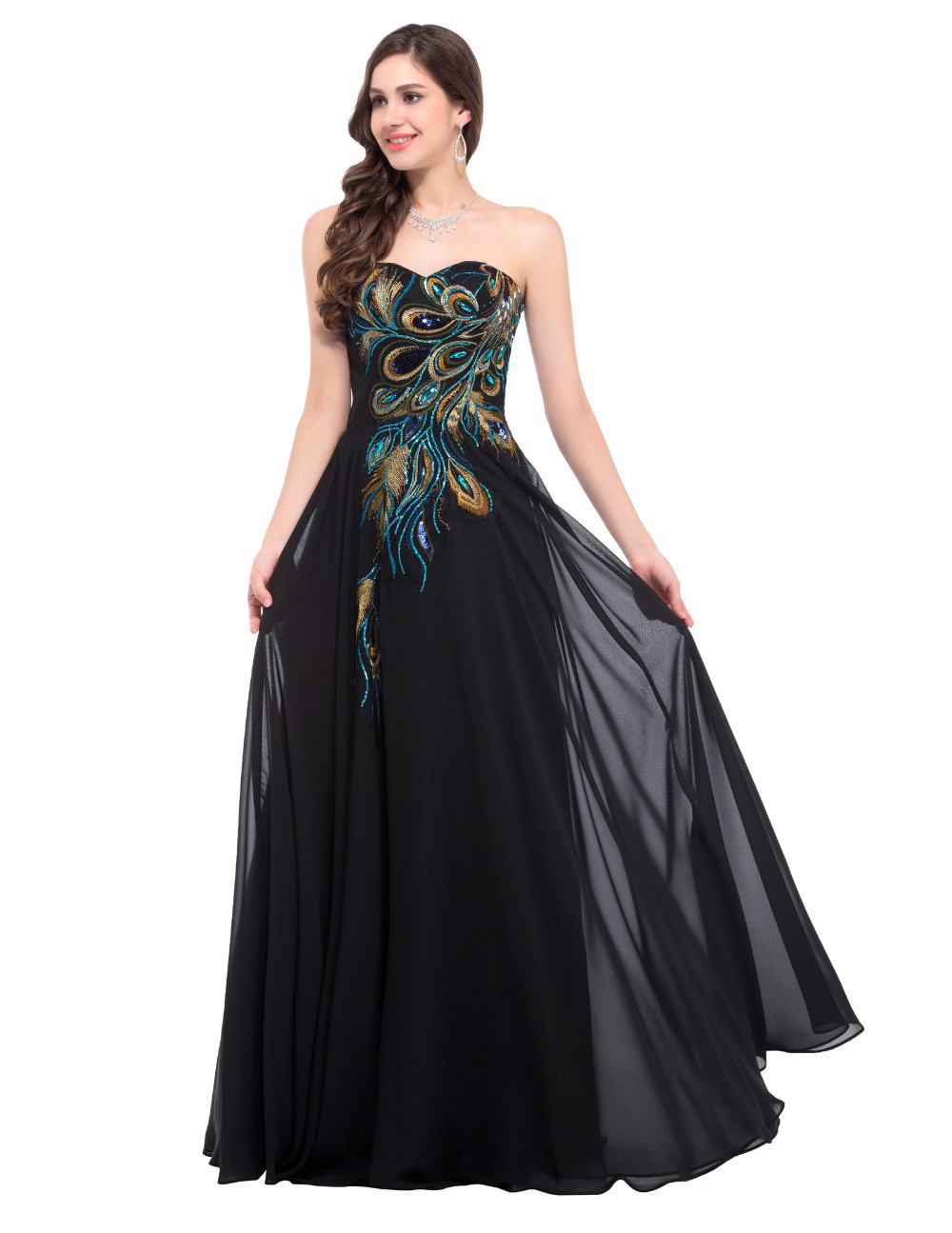 2019新款刺绣孔雀晚礼服拖地长海军蓝色紫色黑色晚礼服礼服雪纺