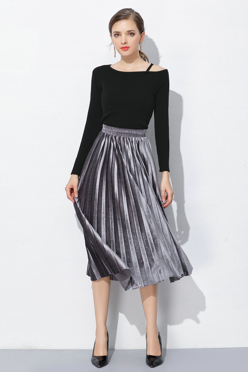 2019秋冬新款韩版百搭金丝绒百褶裙半身裙金属色中长款女8222