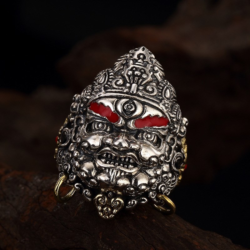 s990银复古黄财神景泰蓝开口戒指泰银个性男霸气招财大指环批发