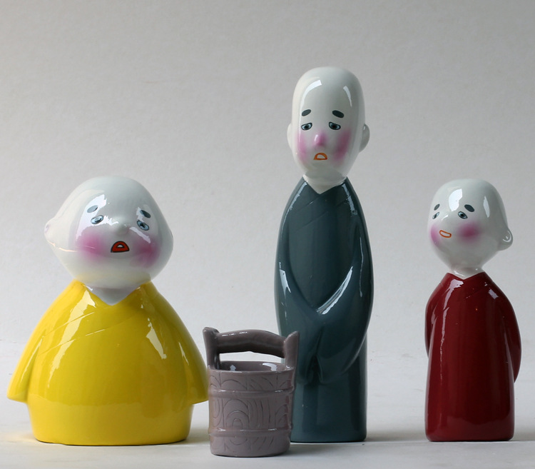 东方工意厂直批新奇特创意工艺礼品q版立卡组合三个和尚木鱼木桶