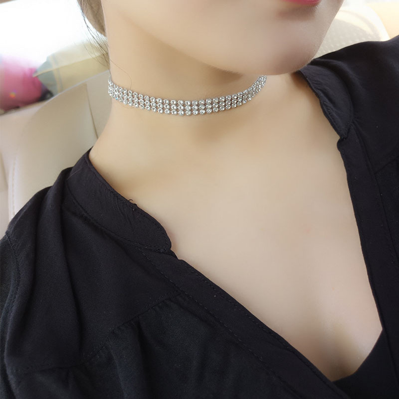 欧美简约排钻满钻水钻贴颈项圈锁骨链 跨境电商货源 金银黑可选
