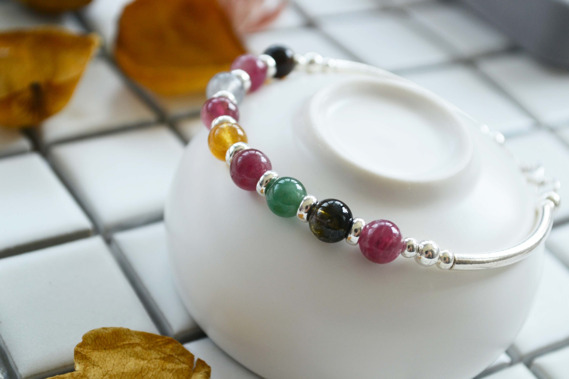 天然碧玺七彩糖果手链女款单圈彩色手串女925银配饰送妈妈