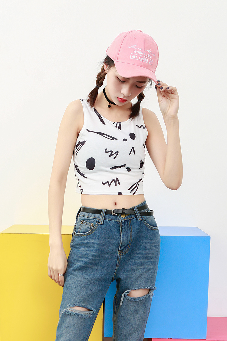 春季新款原宿风满身涂鸦印花修身打底学生女露腰背心女t3782