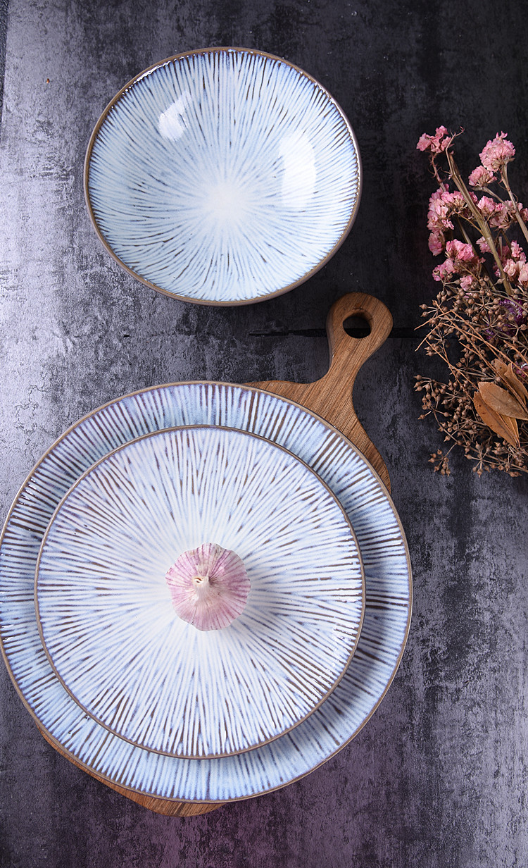 醴陵陶瓷日式浅蓝西餐家用圆盘创意陶瓷盘子套装大量批发复古