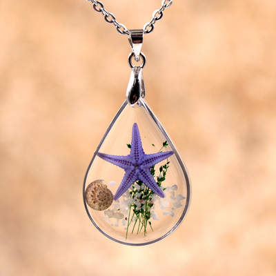 跨境热卖 水滴形金属镶边吊坠 树脂海星标本项饰女项链厂家批发