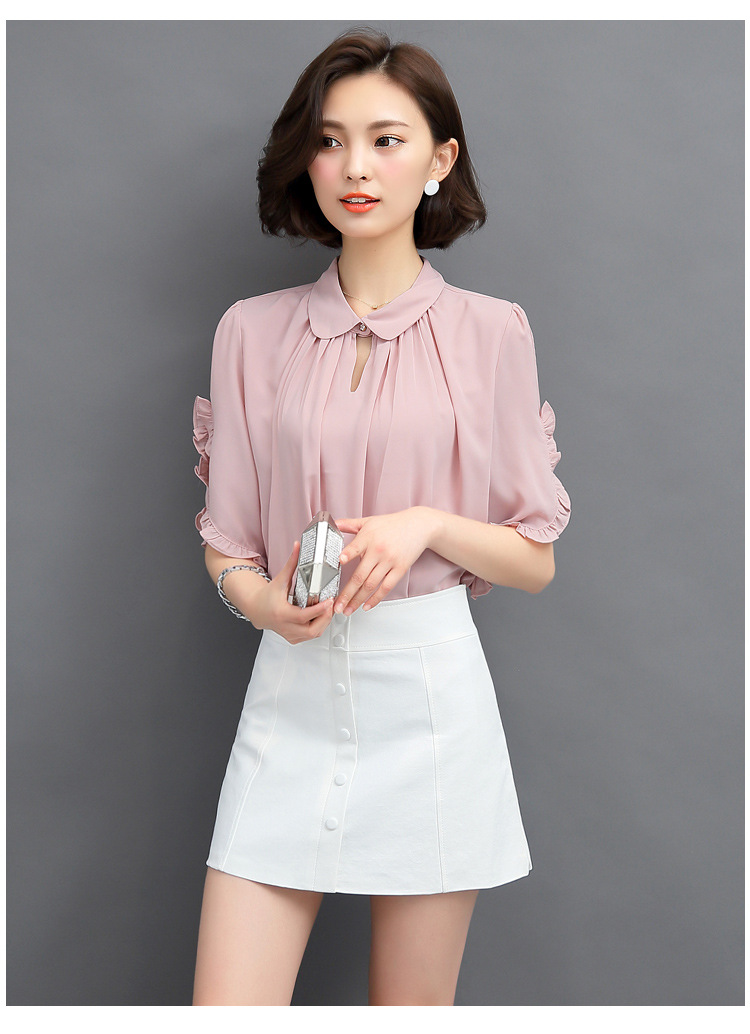 夏款女装雪纺衫女短袖韩版娃娃领大码宽松荷叶边上衣