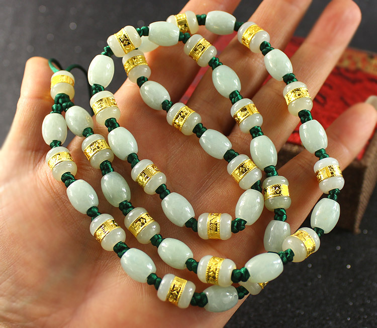翡翠圆珠项链男士玉珠项链和田玉路路通金镶玉珠子吊坠挂绳