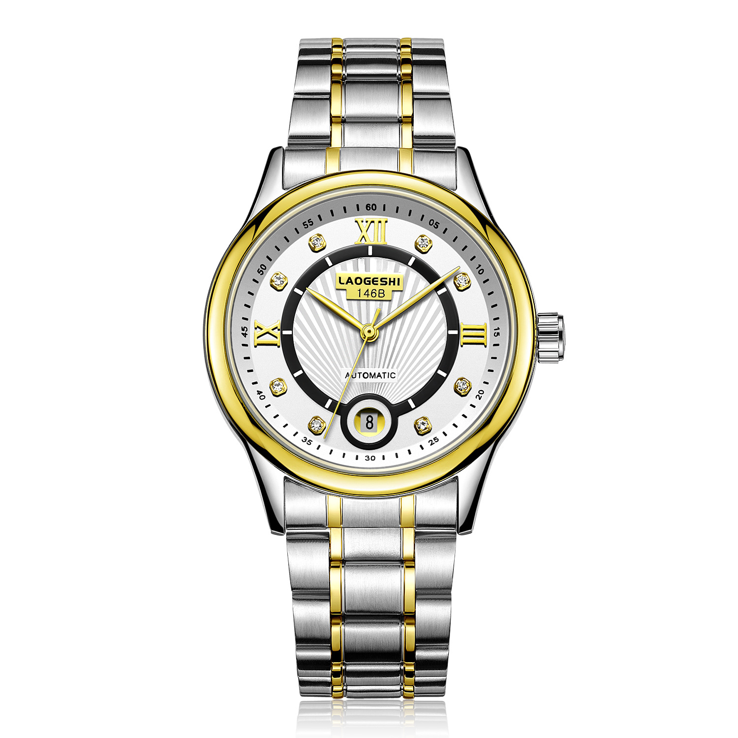 香港正品laogeshi劳格仕商务休闲镶钻钢带防水手表男全自动机械表