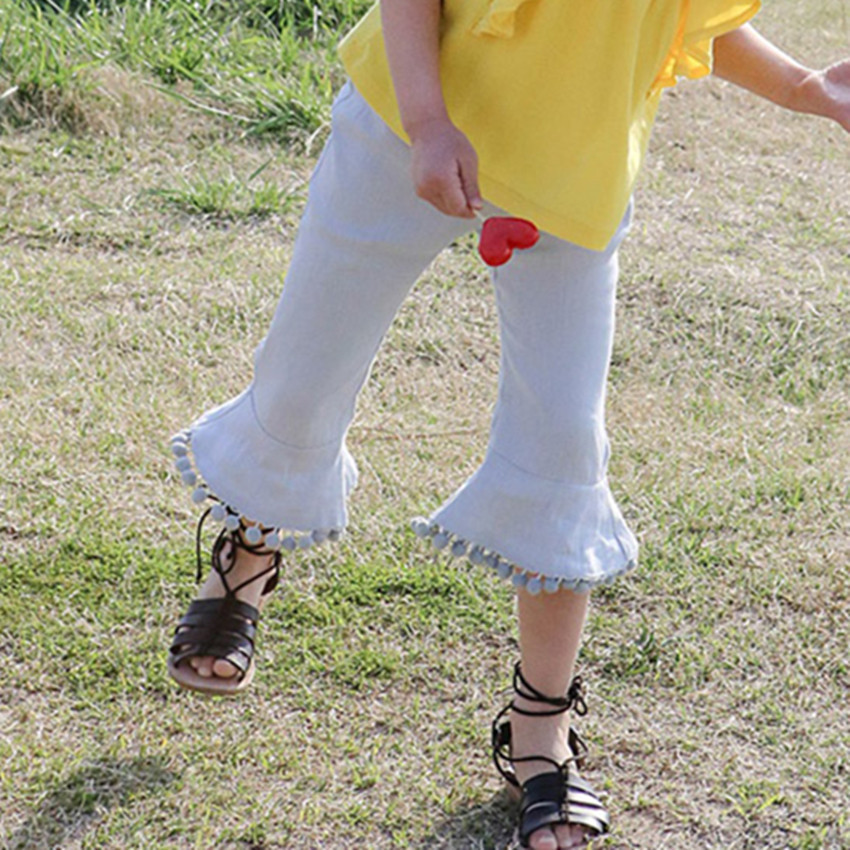 2017夏季新款上新中大童喇叭七分裤洗水仿牛仔球球脚童裤休闲裤