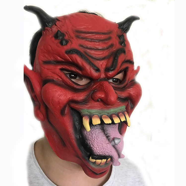红色鬼脸红面怪兽面具恐怖红脸怪物万圣节长舌钢钉面具