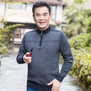 冬季男士中老年人100%纯羊毛衫男加厚半高领中年爸爸毛衣40-50岁