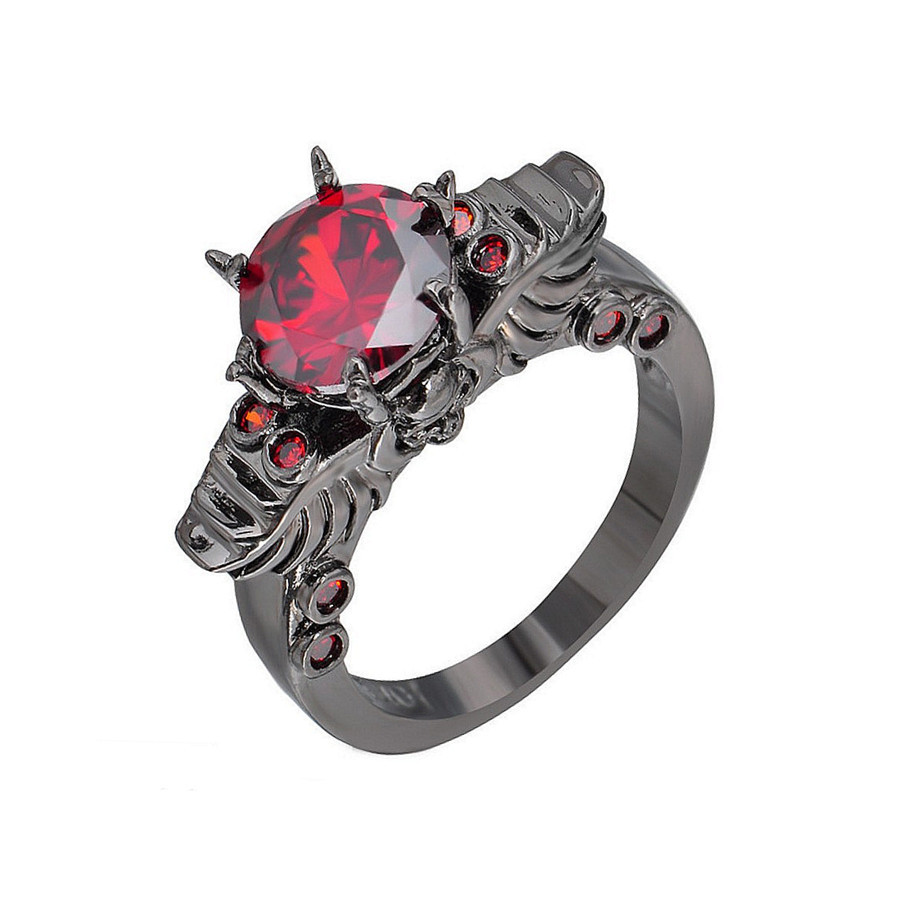 欧美流行镀黑金镶石榴红锆石天使魔鬼戒指 复古骷髅戒指