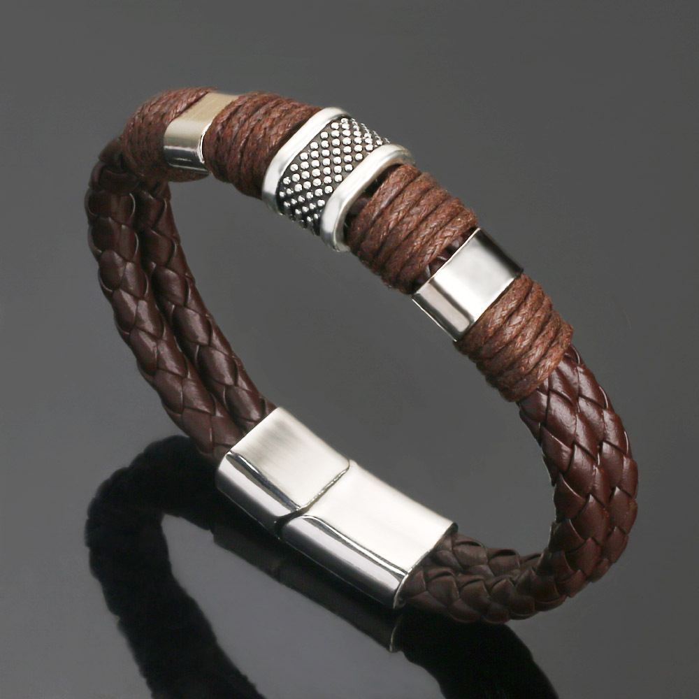 Retro Leather Men's Cowhide Magnetic Buckle Bracelet Korean Fashion Leather Domineering Personalized Woven Leather Cord Bracelet
