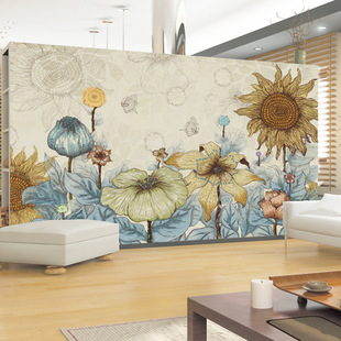 大型无缝电视背景墙3d壁画 手绘向日葵客厅家装影视空间壁纸墙布