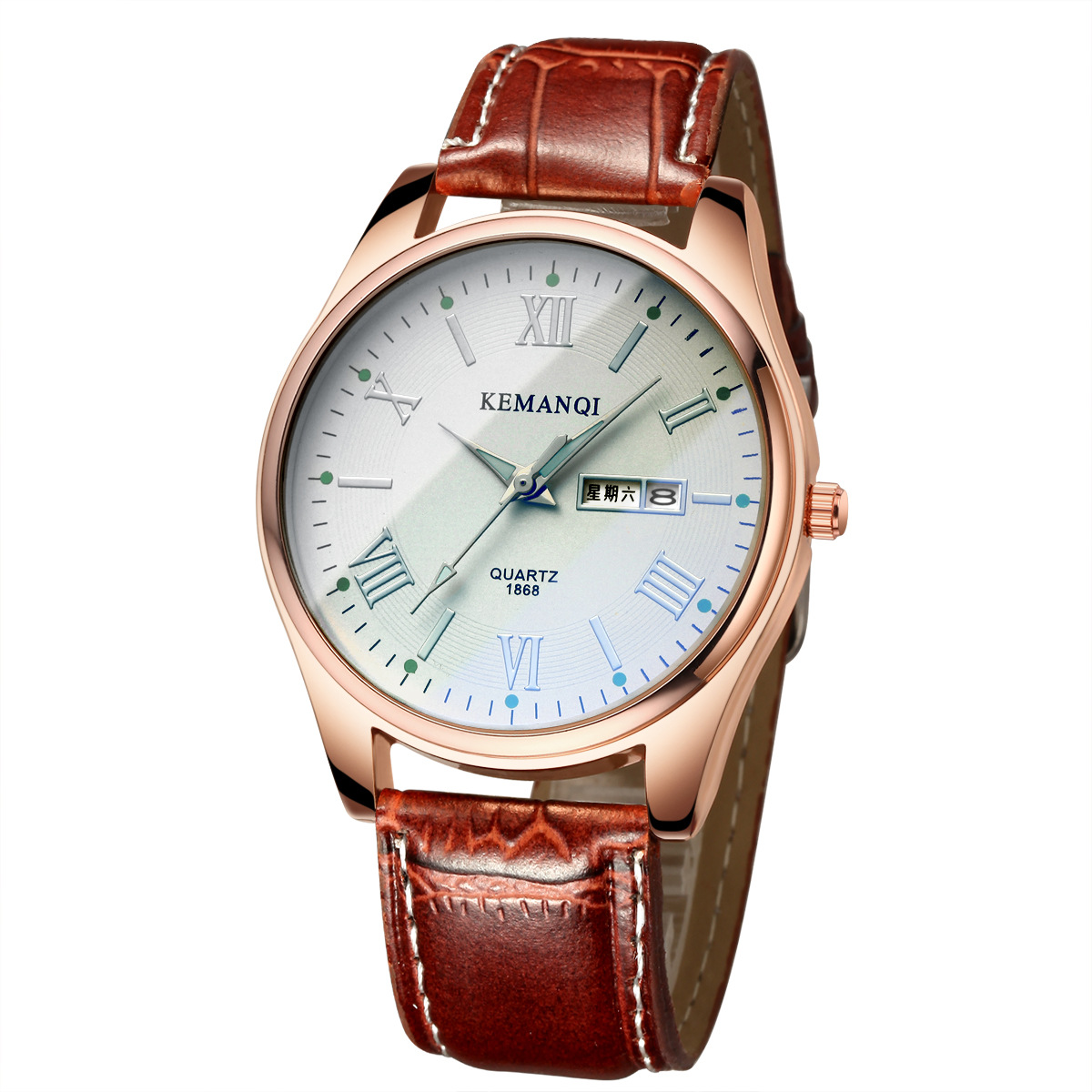 科曼奇新款大表盘夜光双历男女表 微商一件代发蓝光商务钢带表