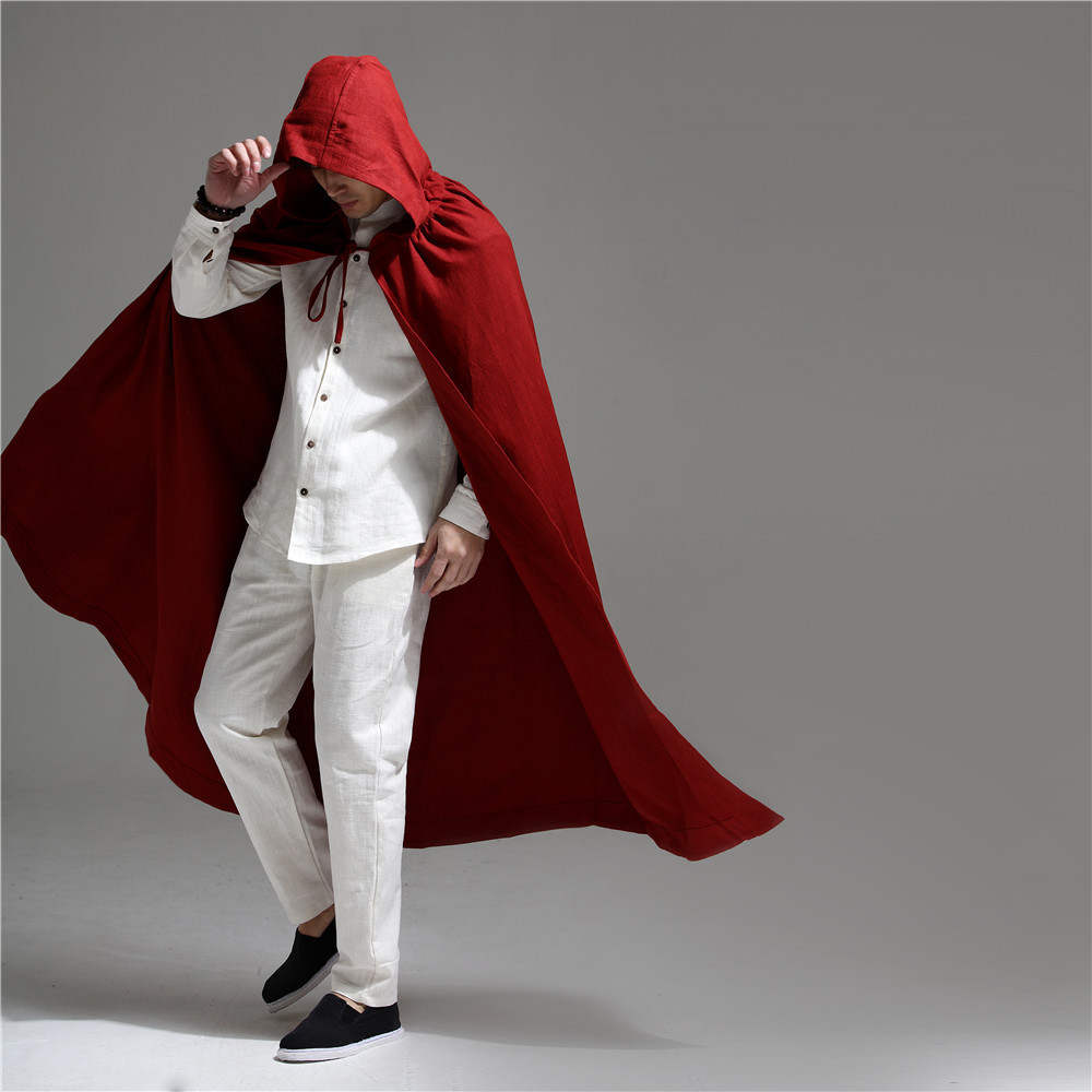 年阿萨佑棉麻服饰 带帽斗篷大风衣中国风男装 长款披风外套21