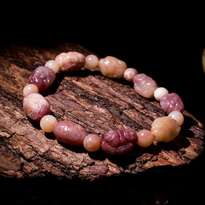 天然紫血顺纹老料骆驼骨手工雕刻财神弥勒佛款手链男女士佛珠手串