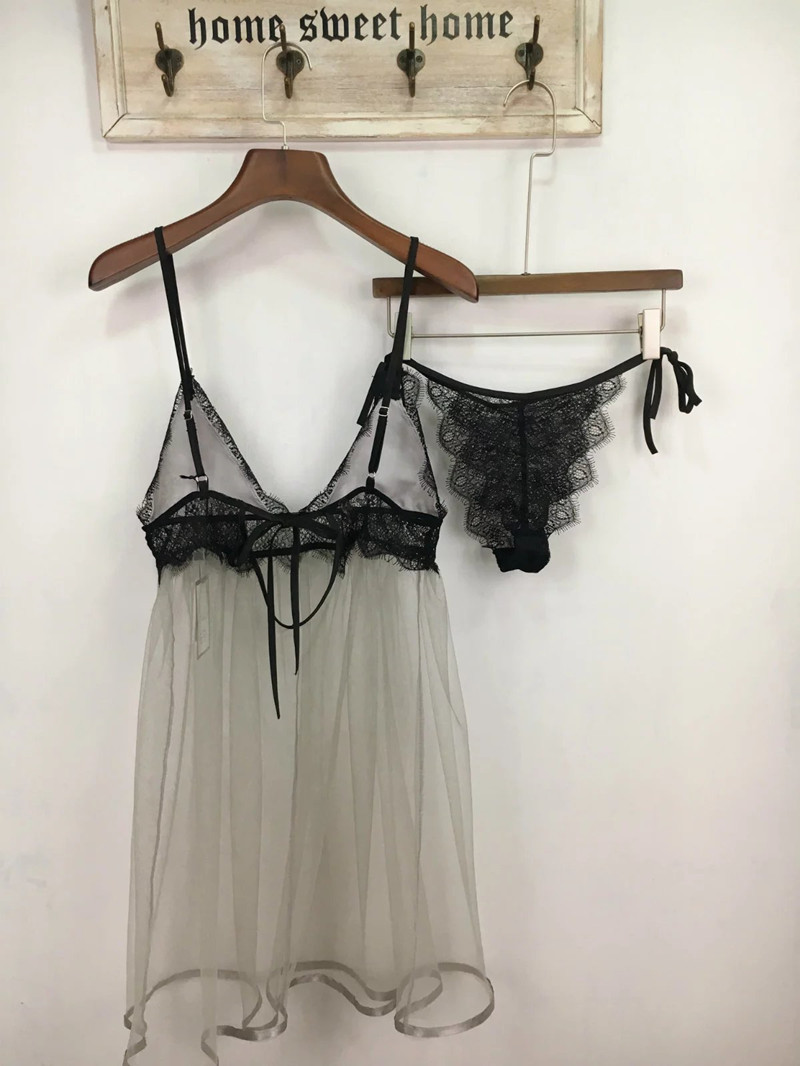 17春夏新款 性感网纱睫毛蕾丝花边吊带睡裙 透视情趣睡裙内衣套装