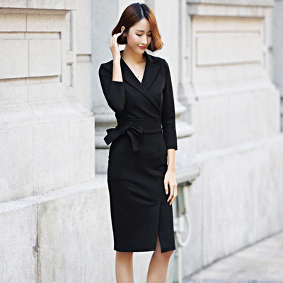 2017春秋冬女装新款韩版西装服翻领v领一字裙直筒连衣裙女