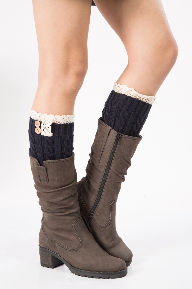 跨境专供针织毛线脚套靴套秋冬蕾丝花边订扣8字麻花抽条纽扣袜套