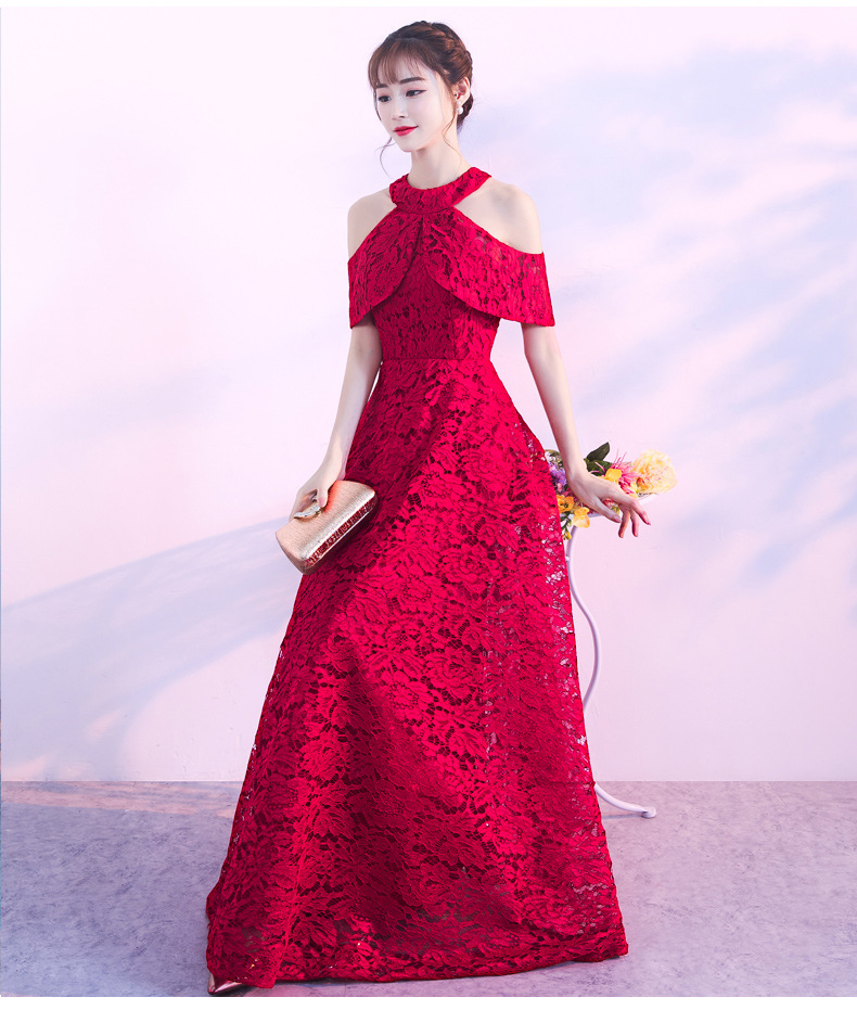 新娘红色敬酒服2018夏季新款修身显瘦长礼服年会主持挂脖晚礼服女
