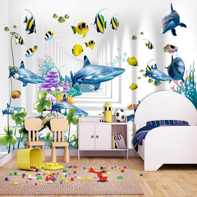 大型无缝壁画3d立体壁纸宾馆海底世界海洋壁纸儿童房卧室背景墙纸