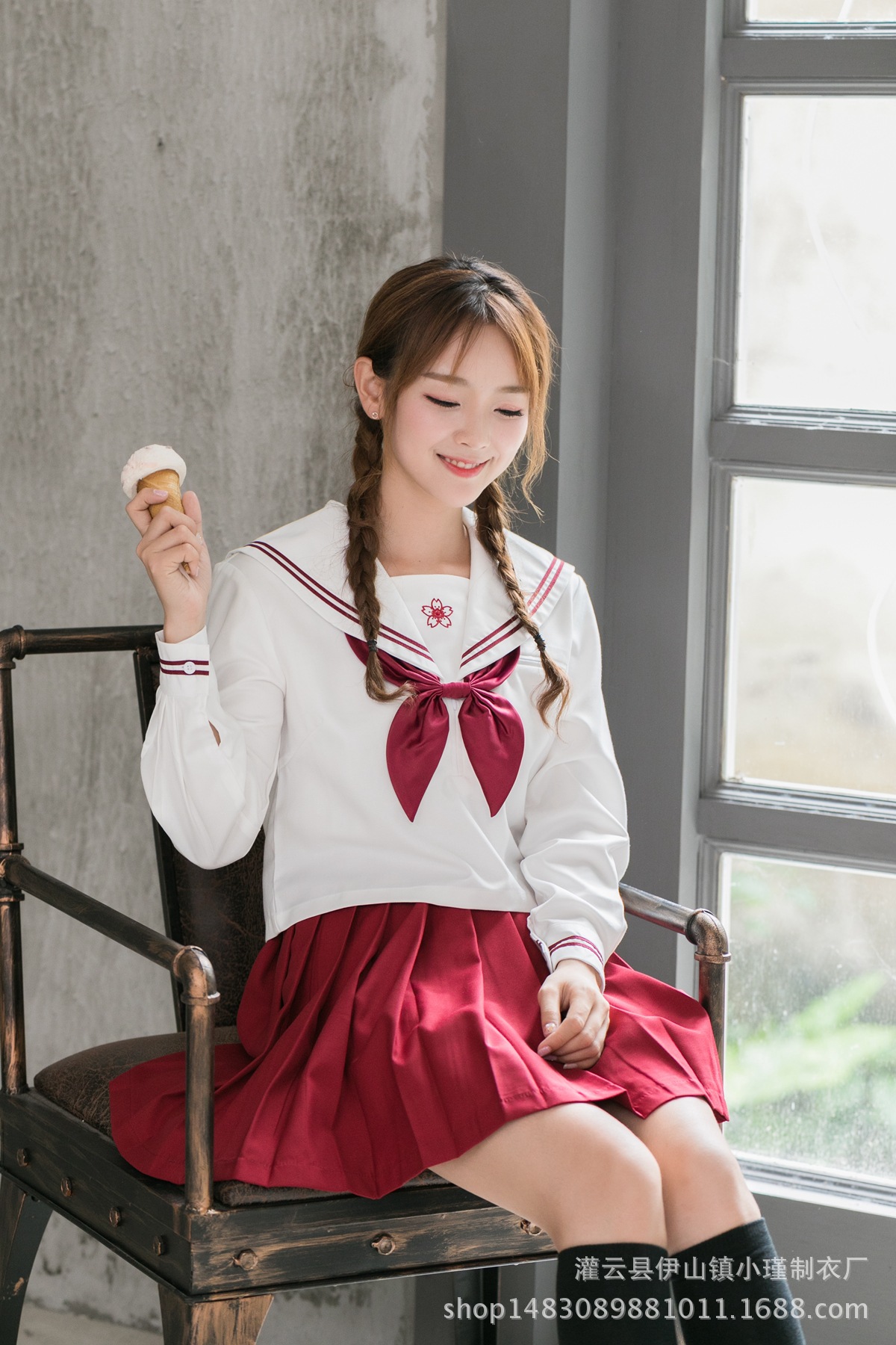 樱花刺绣长袖日本学生校服jk制服水手服正统中间服学院风