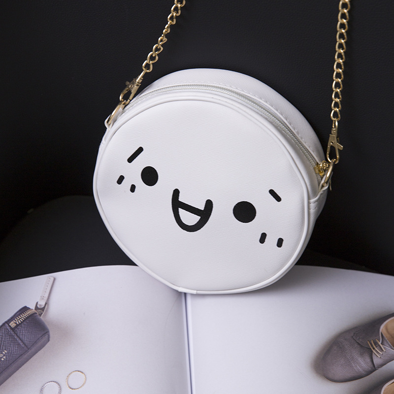 潮新款女包圆形包包笑脸表情可爱迷你pu小圆包韩版卡通单肩斜挎包