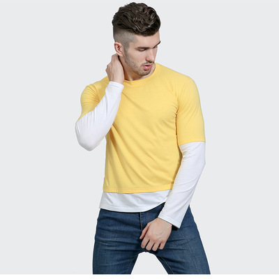 2017新款青少年时尚韩版假两件拼接袖口衣摆 男士休闲圆领长袖t恤