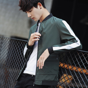 校园风潮流男装秋冬新款帅气白杠条纹外套男士青年学生夹克棒球服