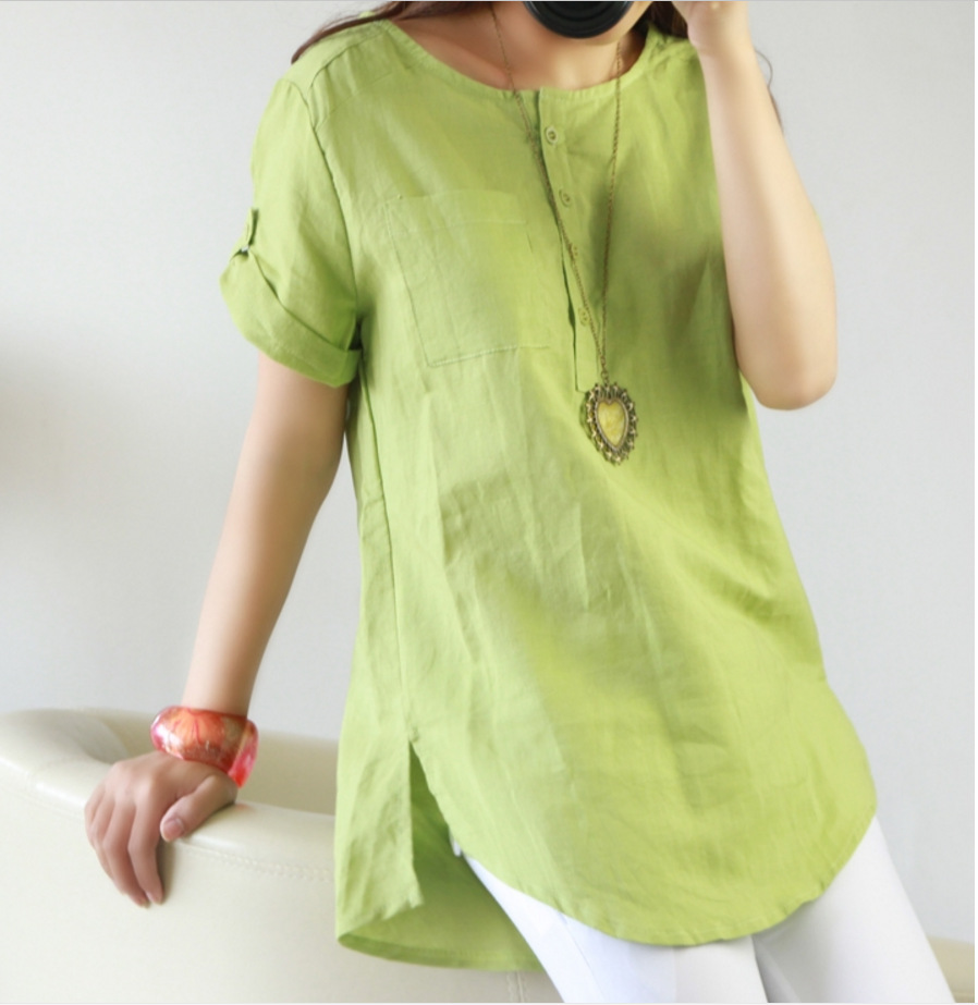 棉麻女装衬衫亚麻女装上衣森女系布衣文艺麻料衬衣外贸大码wish