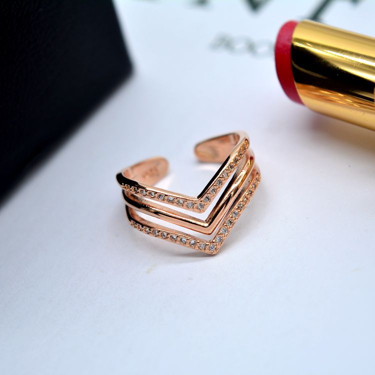 日韩国韩版锆石微镶戒指 个性潮流时尚v字多层开口戒指环食指