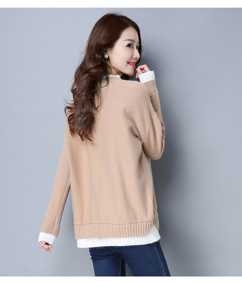 2017春秋新品拼接纯色针织套头衫 韩版