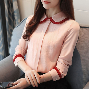 韩版娃娃领撞色雪纺衫图片_韩版娃娃领撞色雪纺衫图片